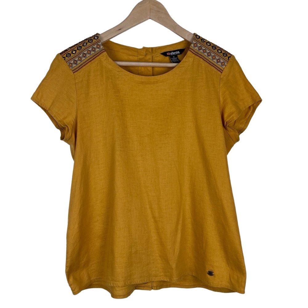 Sherpa‎ Adventure Top Womens XS Mustard Hemp Embroidery Natural Boho Bohemian